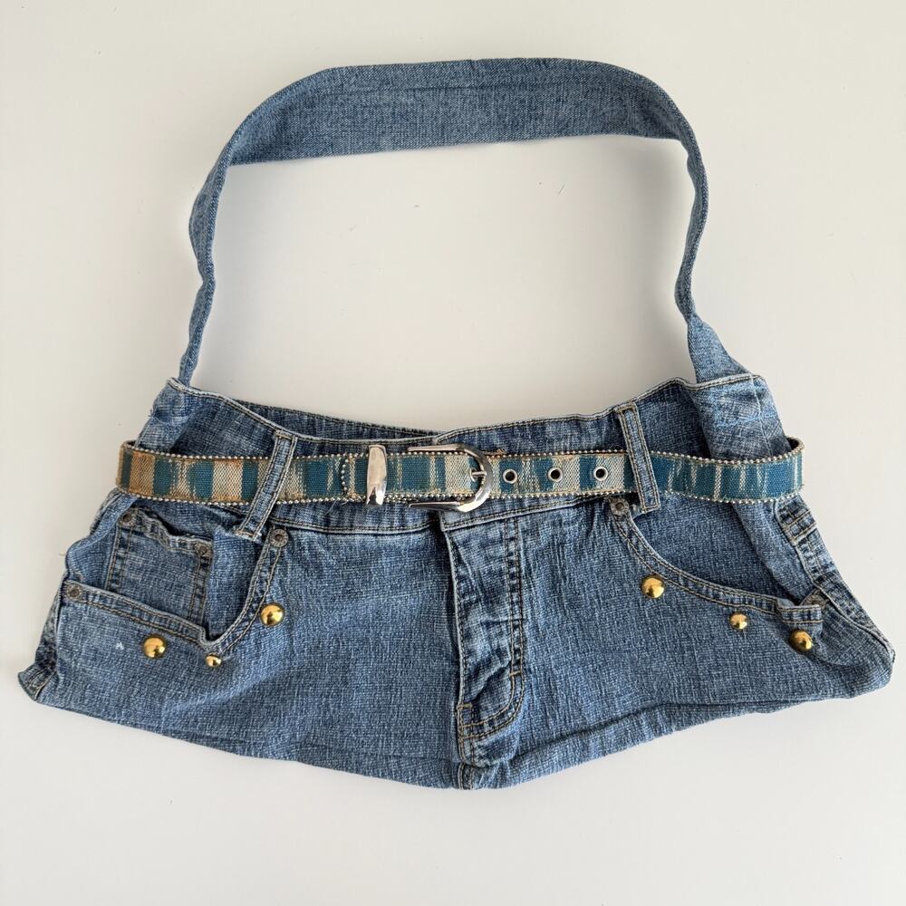 Denim Shoulder Bag Y2K Upcycled‎ Handmade Jean Mini Skirt Purse Hobo Belted Stud